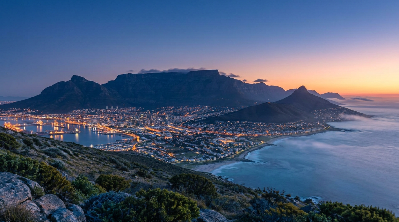 Table Mountain in the deep blue minutes before sunrise, city lights still on below