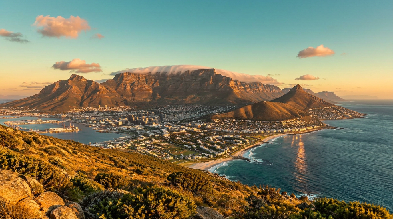 Table Mountain at golden hour with warm light raking across the slopes