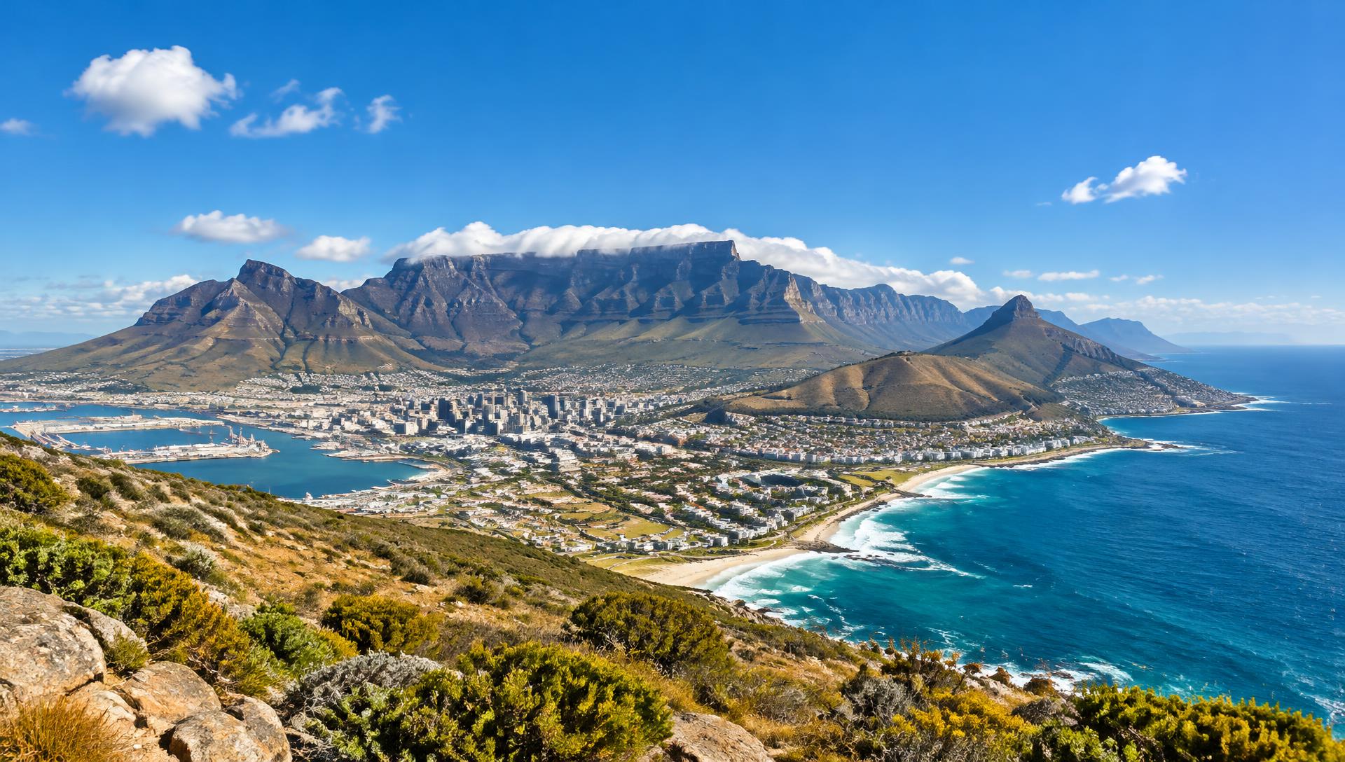 Table Mountain under a hard midday sun with a thin sheet of cloud along its ledge
