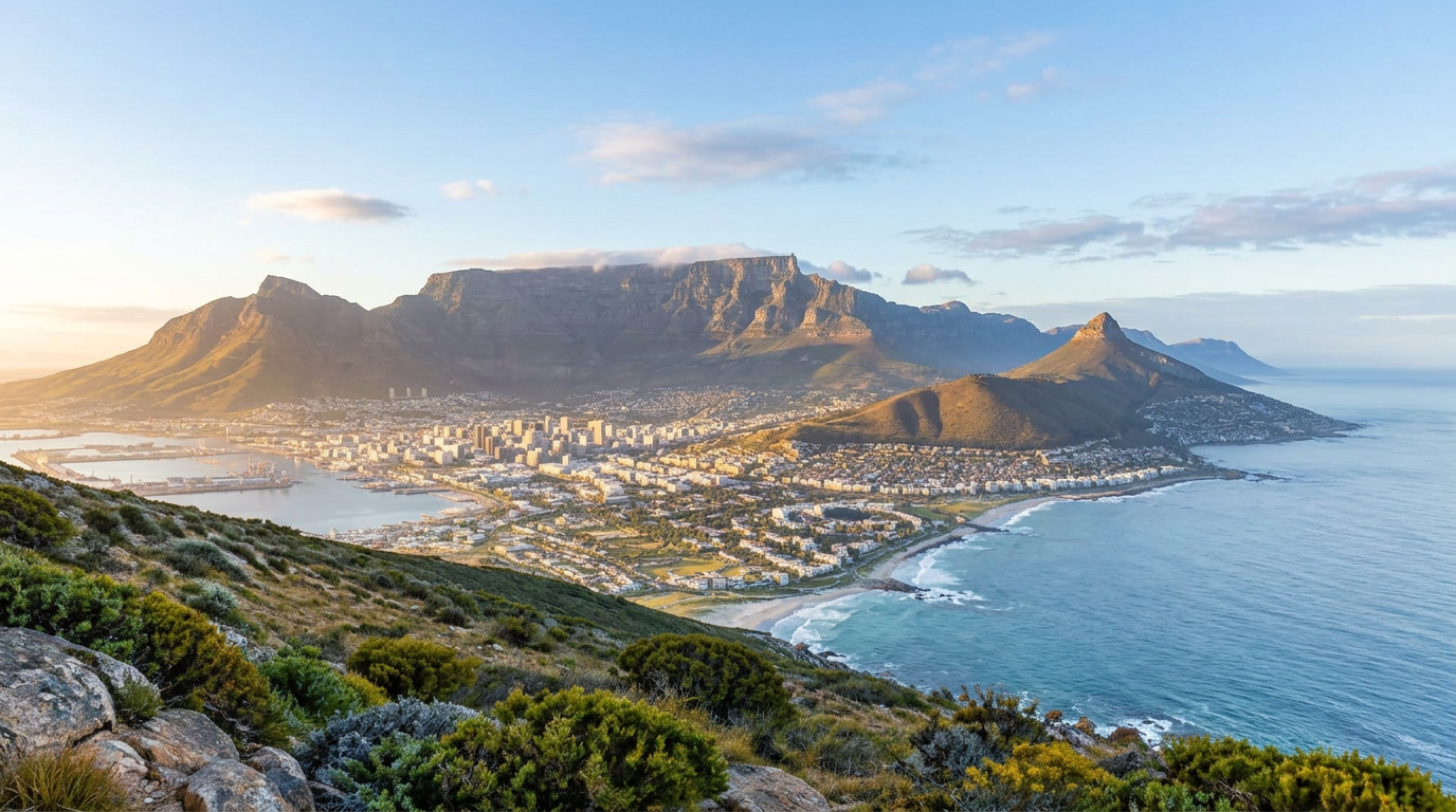 Table Mountain in early morning light with a thin haze over the Atlantic