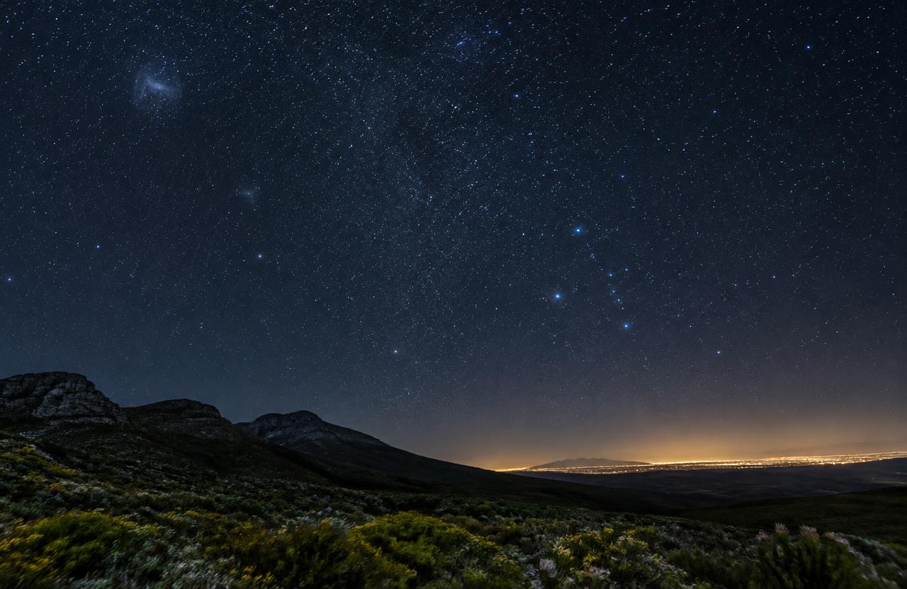 Starry night sky over fynbos hills with the glow of Cape Town on the horizon