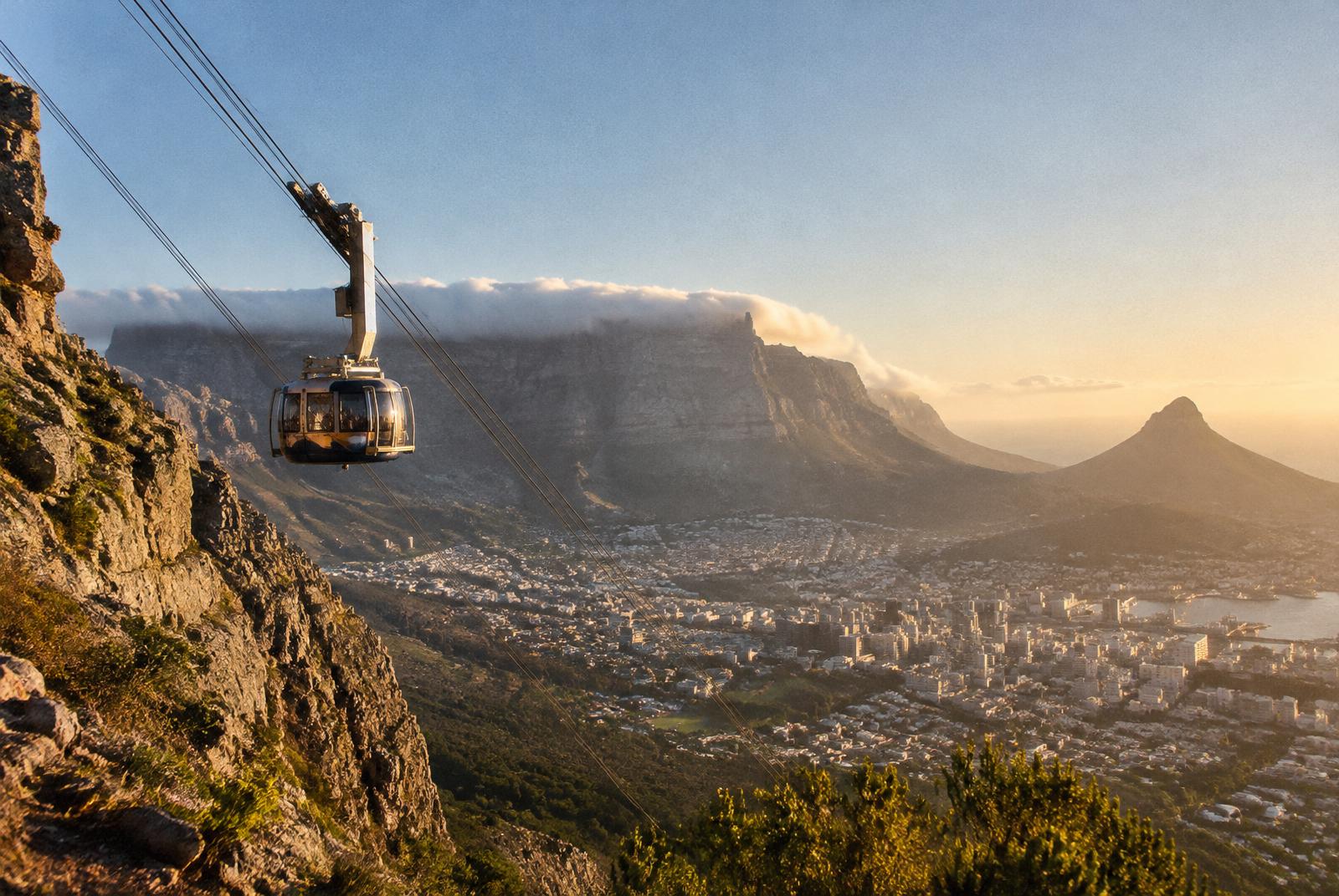 Table Mountain cable car above Cape Town city bowl